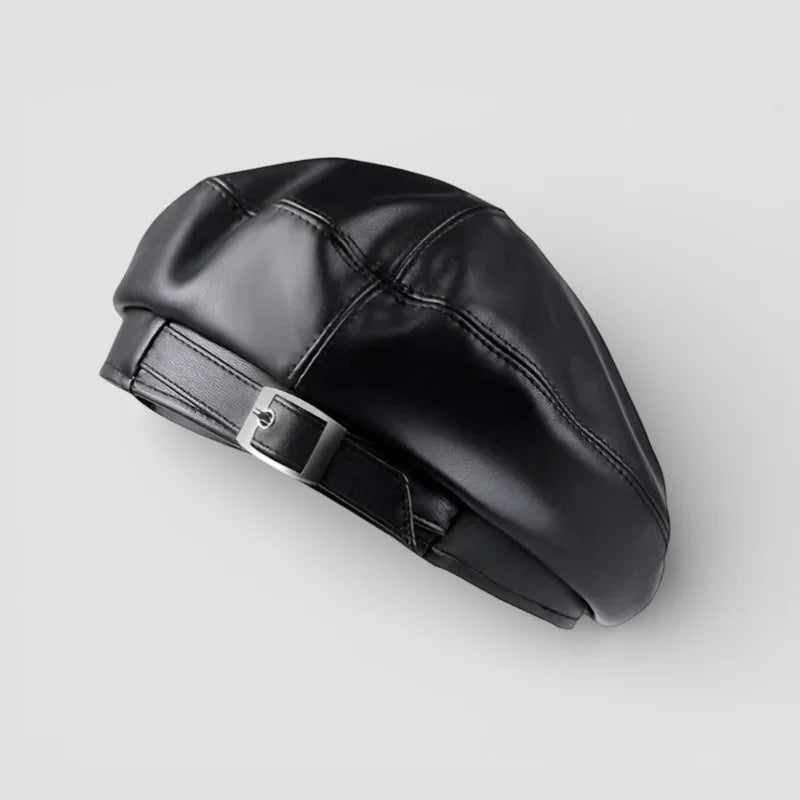 Vintage leather beret in black patent with silver buckle strap