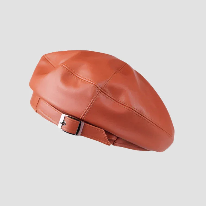 Brown leather beret with buckle.