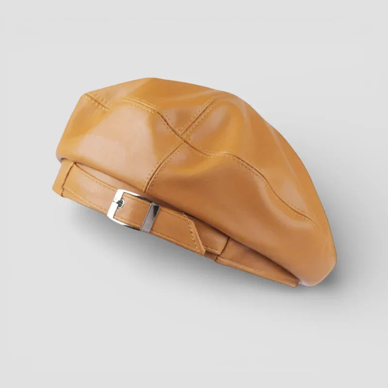 Vintage tan faux leather beret with silver buckle strap