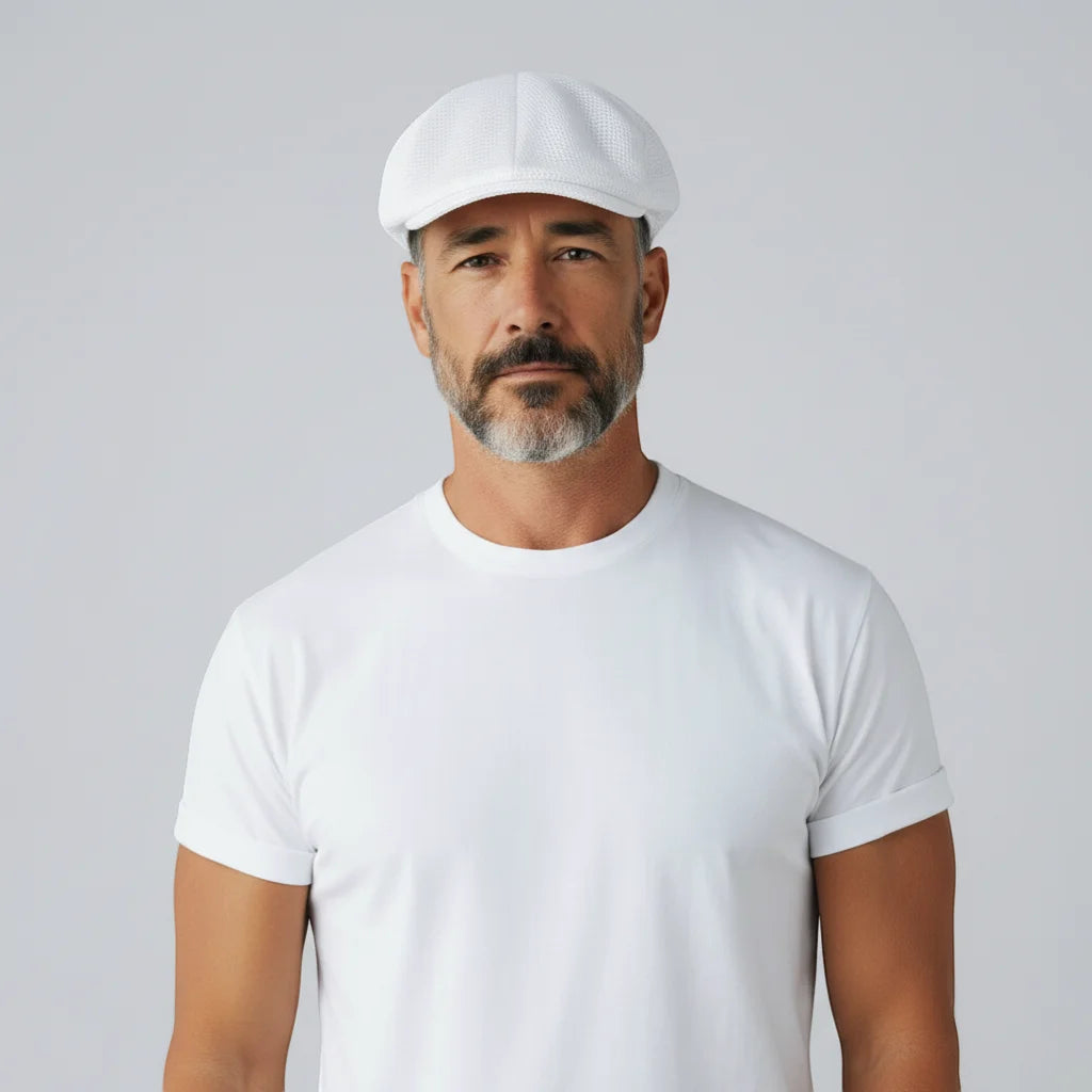 White beret cap flat cap with subtle textured pattern