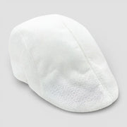 White textured flat cap with woven pattern and reinforced brim