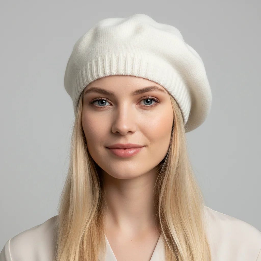 White cotton beret with soft knitted design and ribbed brim