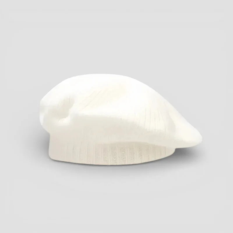 White cotton beret with soft off-white ribbed brim and textured crown