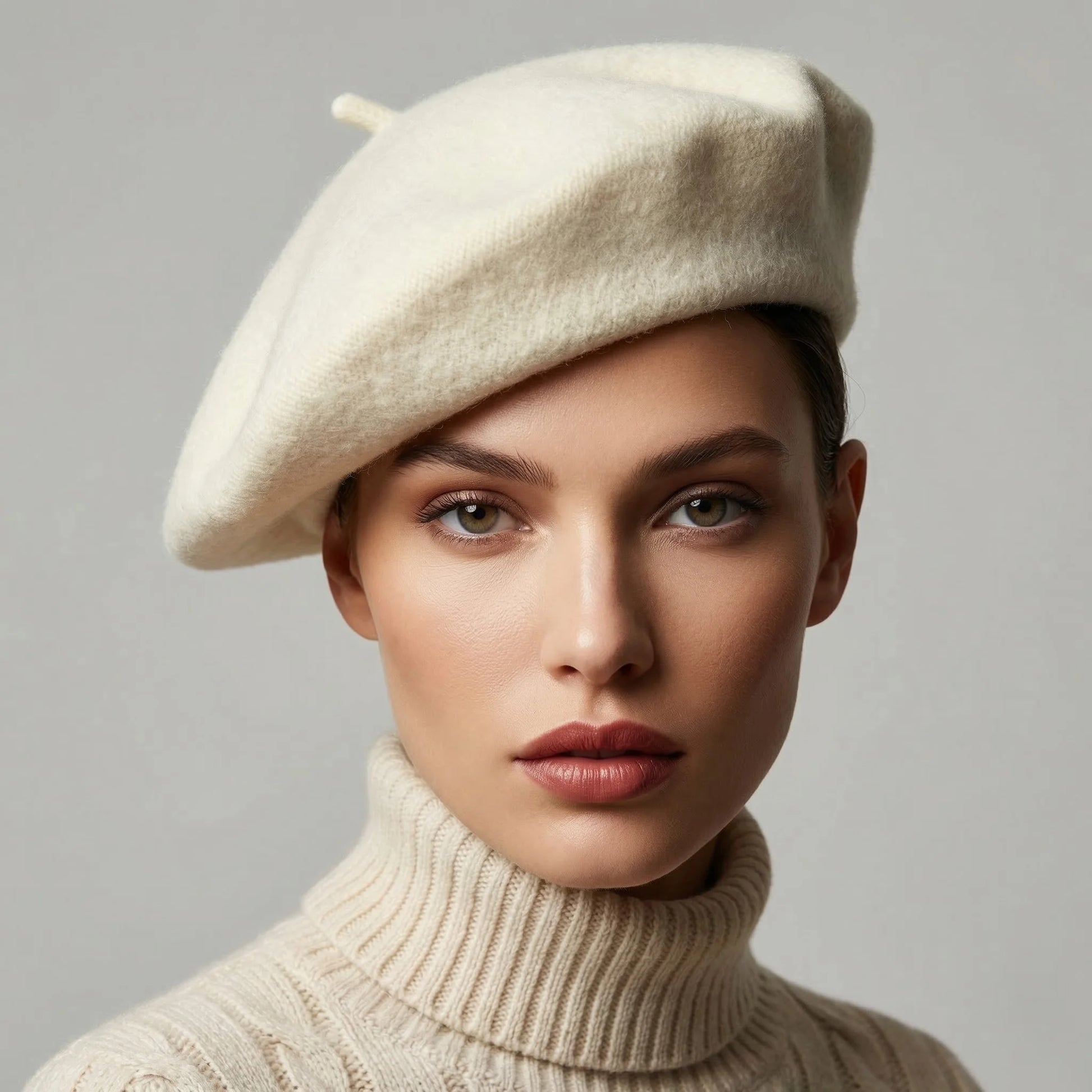 White French beret in cream-colored wool with textured surface and top button