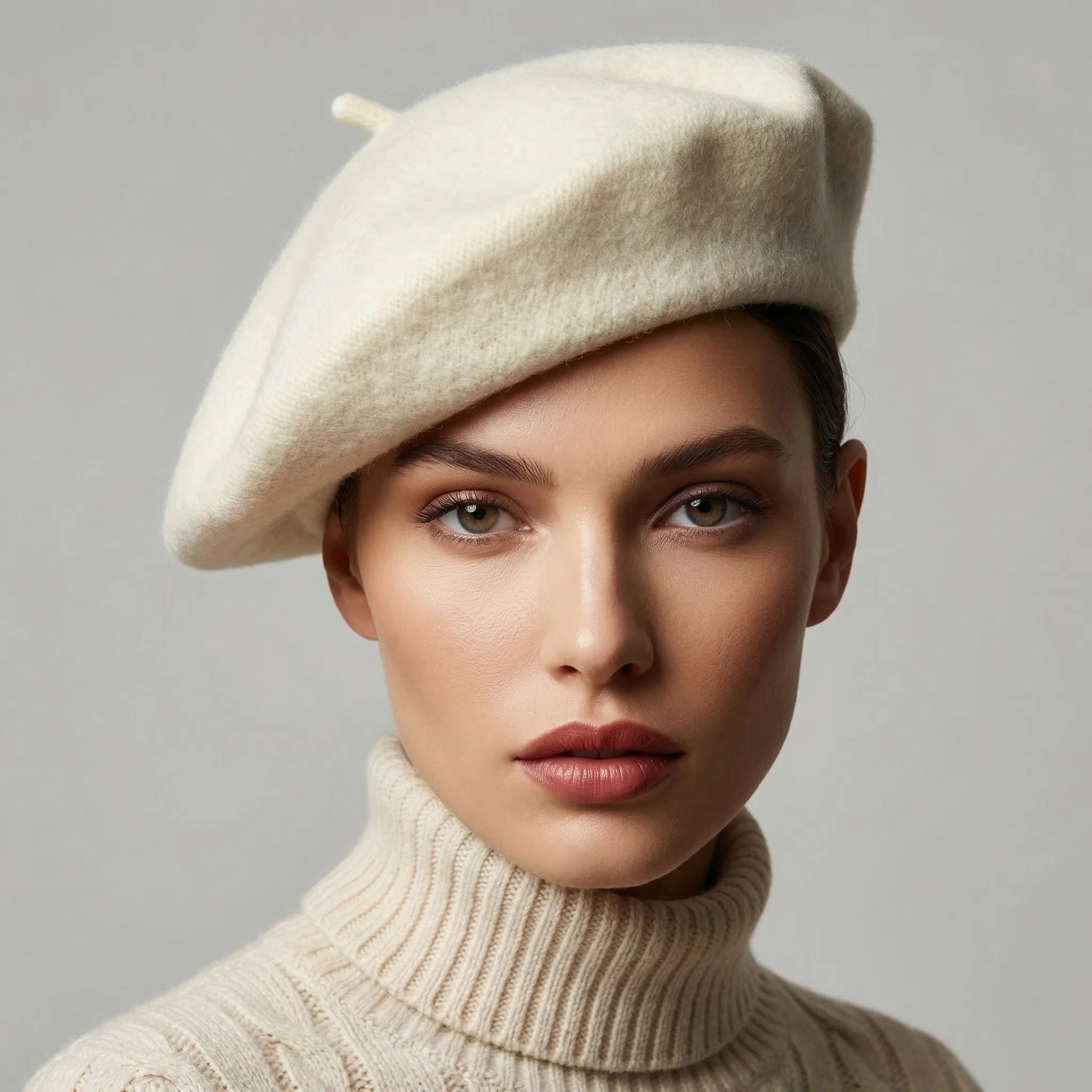 White French beret in cream-colored wool with textured surface and top button