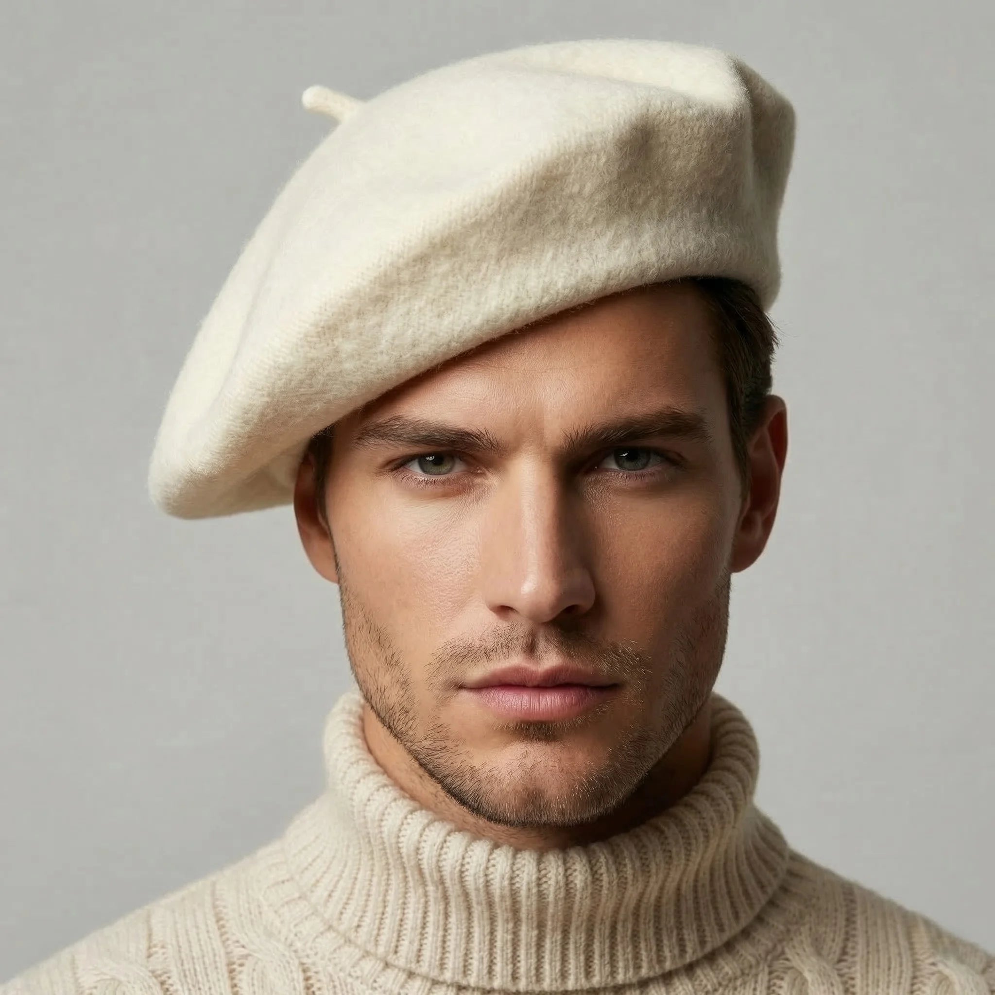 Cream-colored wool White French Beret with textured surface and top button