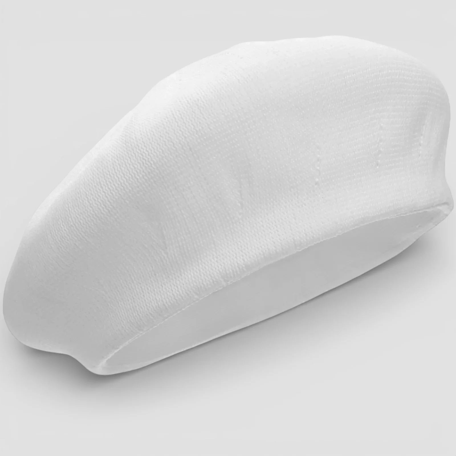 White satin knit beret with smooth glossy finish and soft rounded shape
