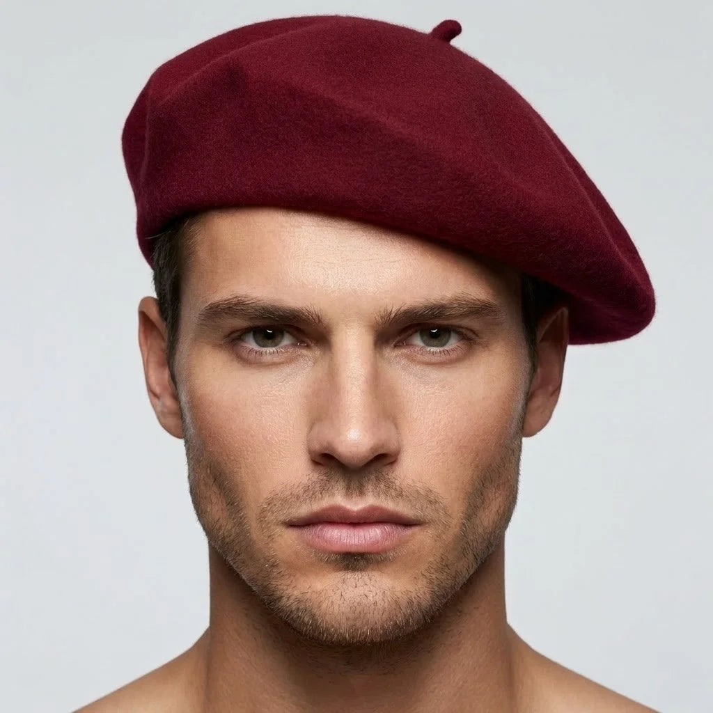 Wine Red Beret: rich burgundy wool with textured surface and top button
