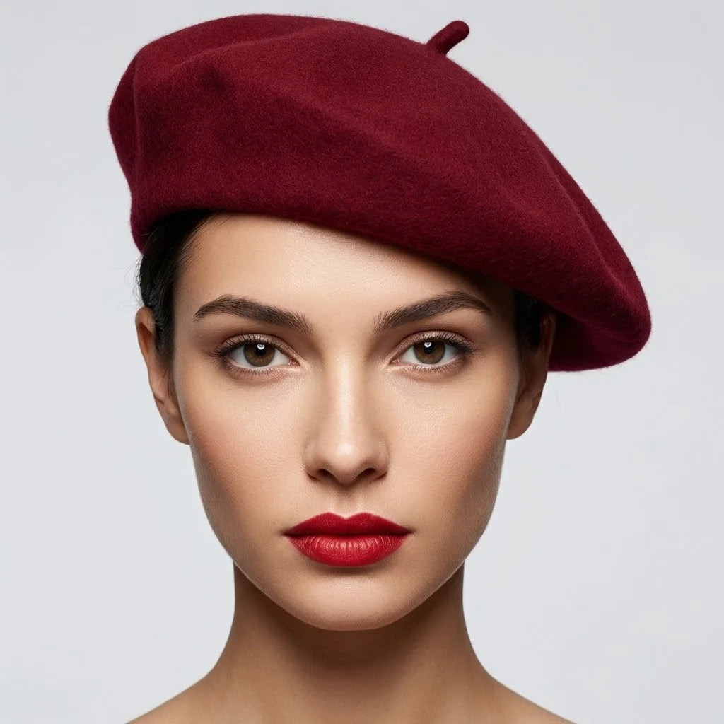 Wine red burgundy wool beret with textured surface and top button