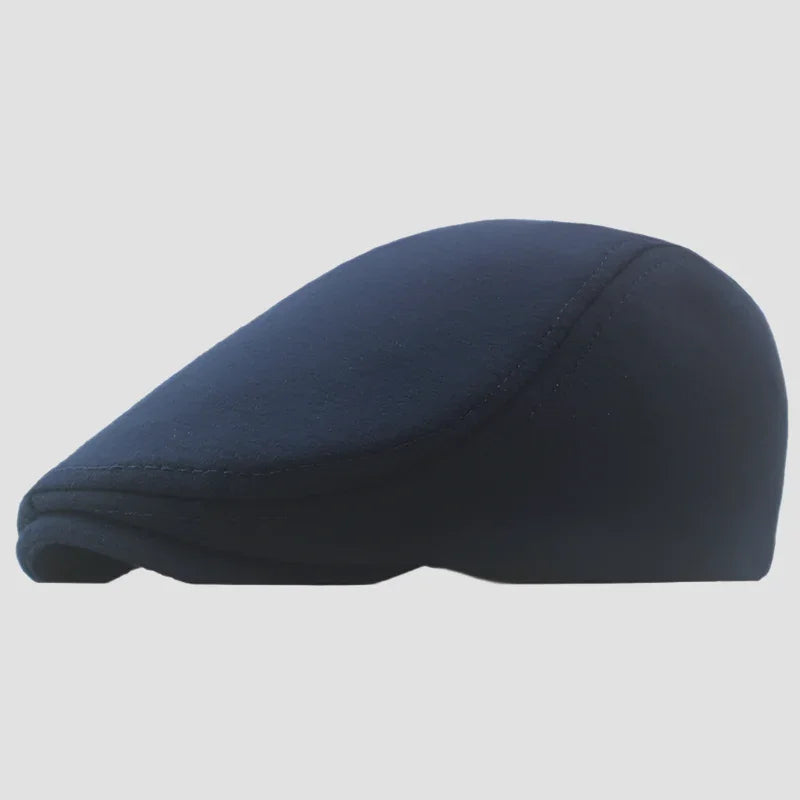 Navy blue flat cap.