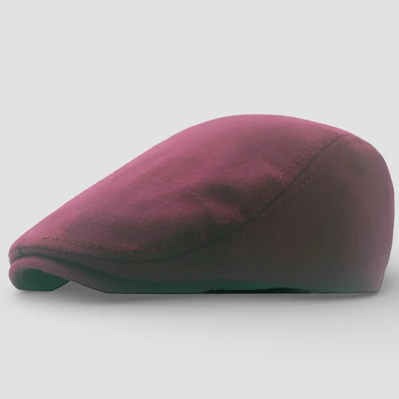 Winter Beret Cap in soft maroon with green brim trim and stitching