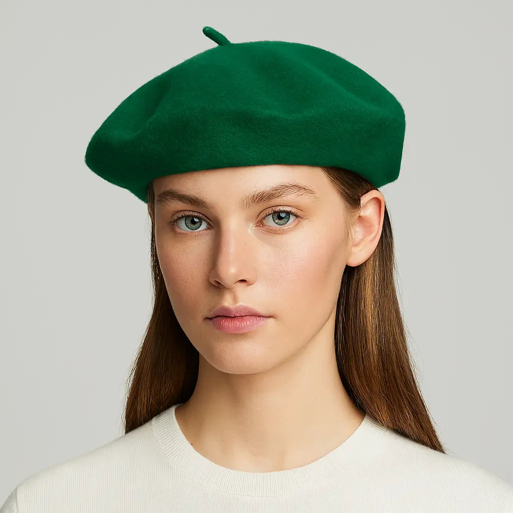 Woman wearing a green beret against a gray background