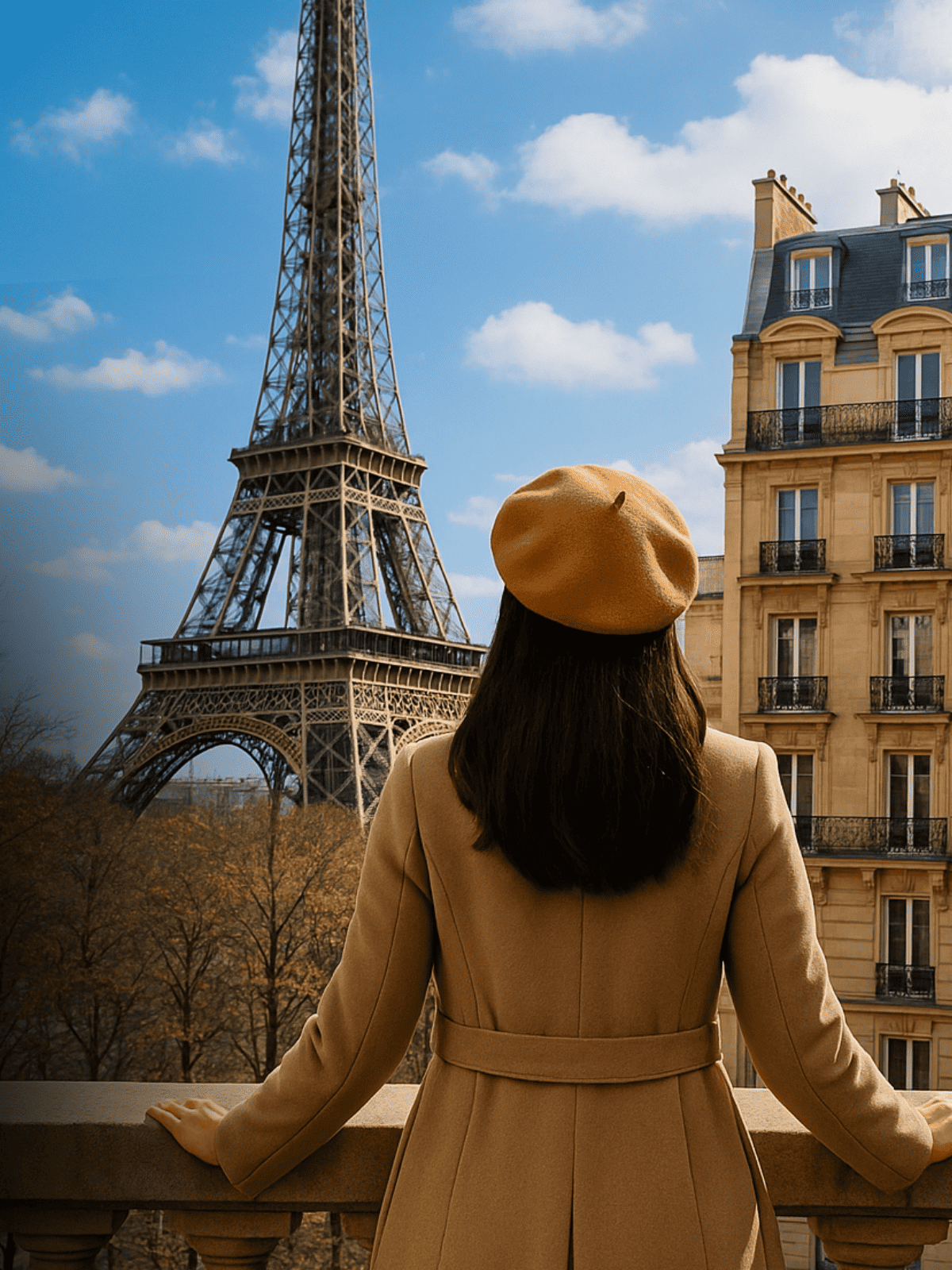 Woman in tan coat and beret standing with the Eiffel Tower and Parisian building in the background.