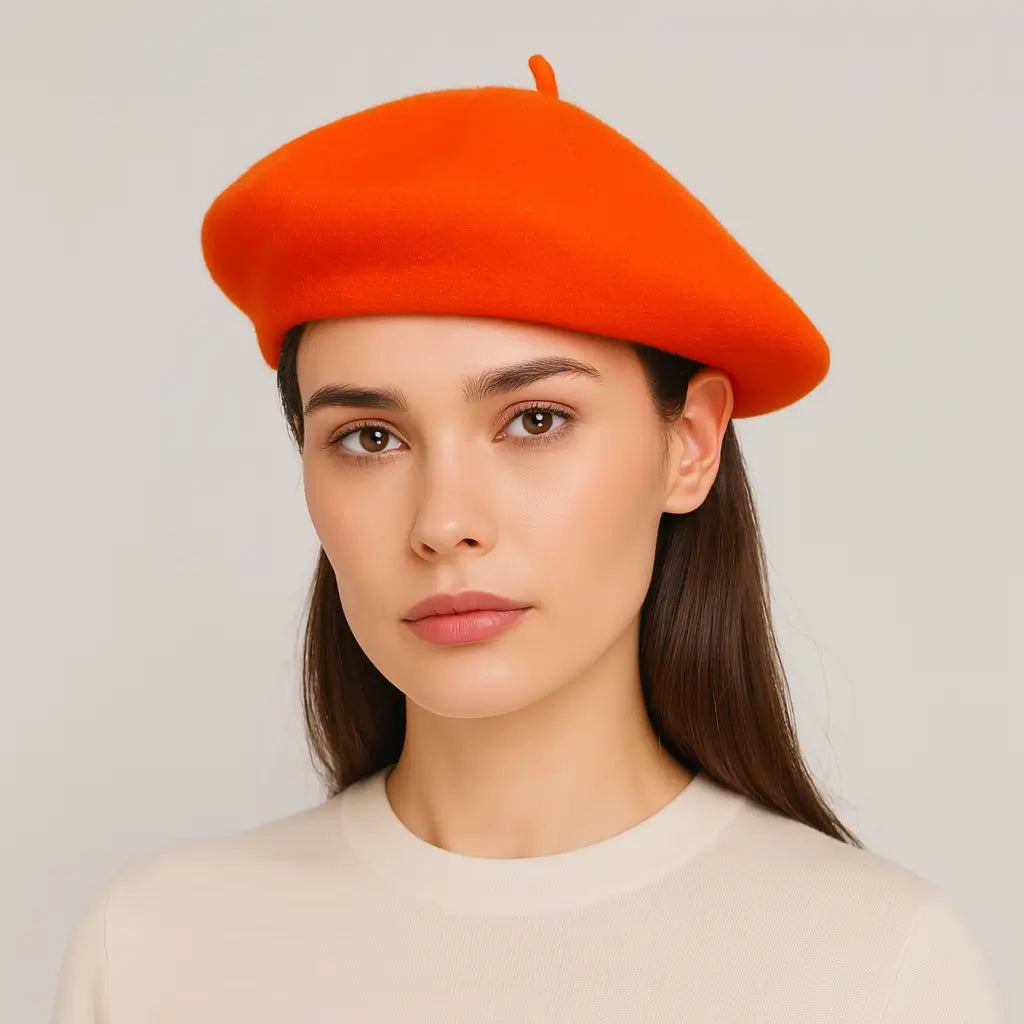 Woman wearing an orange beret against a plain background