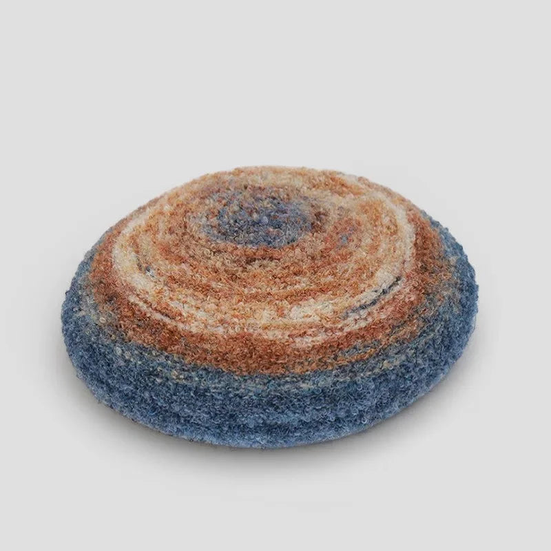 Circular hand-felted coaster with blue beige terracotta rings for Wool Beret Pattern