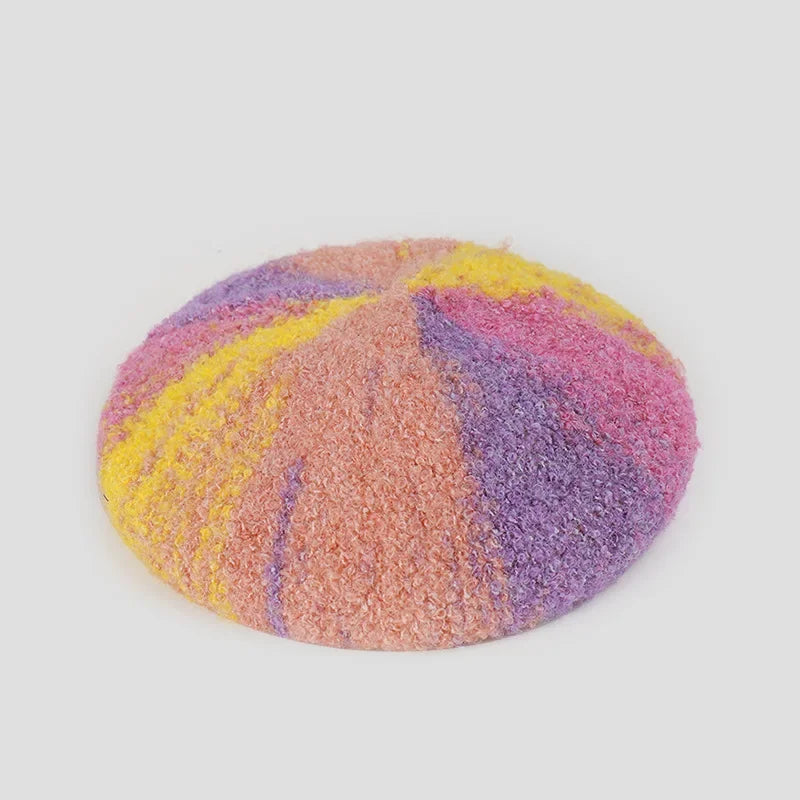 Colorful fuzzy beret.