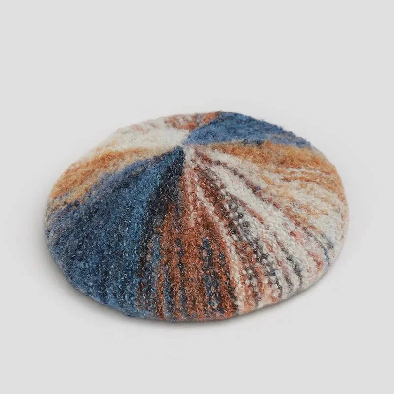 Cozy hand-felted Wool Beret Pattern in blue terracotta cream radial design