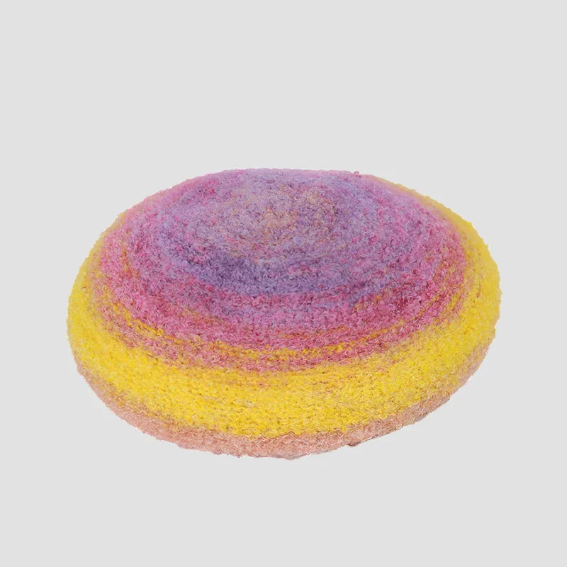 Round, colorful, textured cushion.