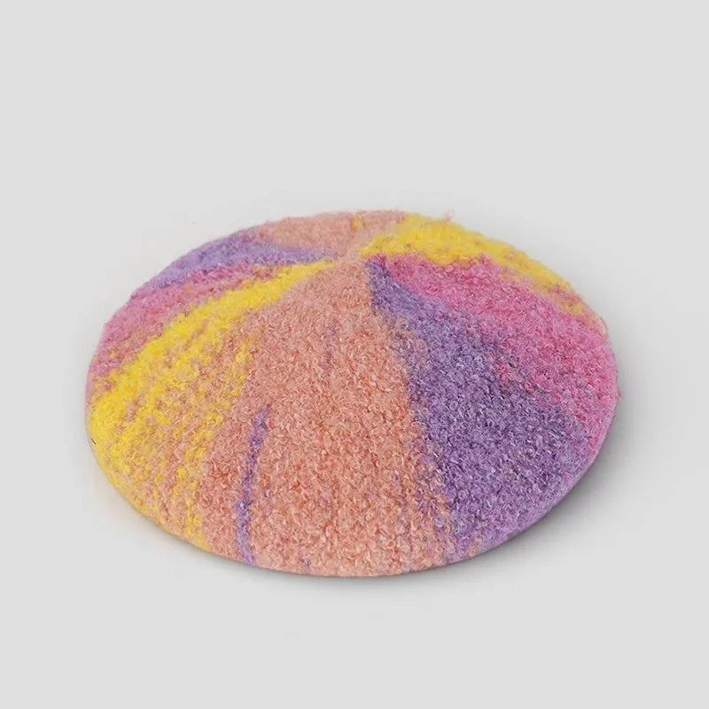 Wool beret pattern: round fuzzy beret in vibrant pink, yellow, purple rainbow