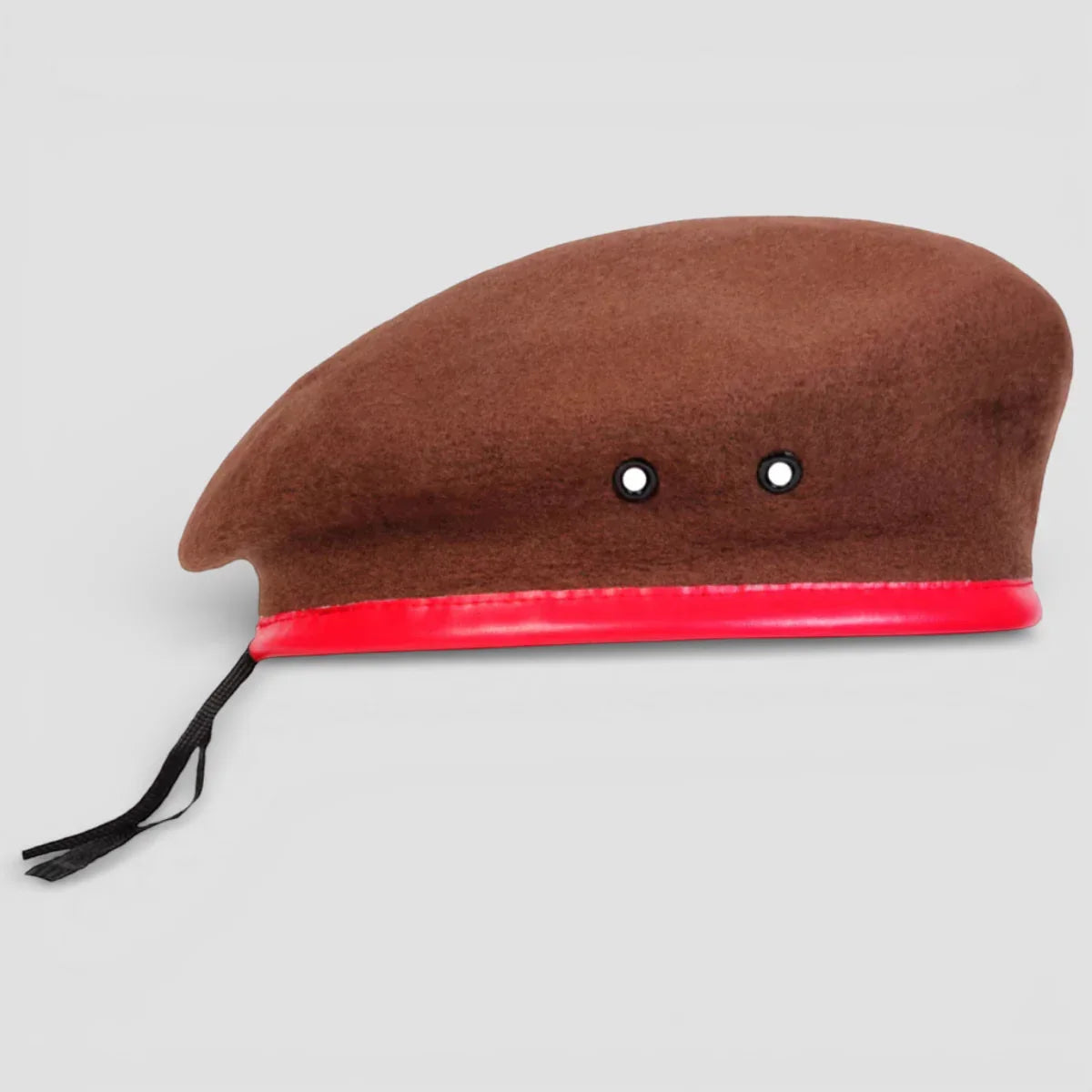 Brown wool beret with red felt trim and black eyelets