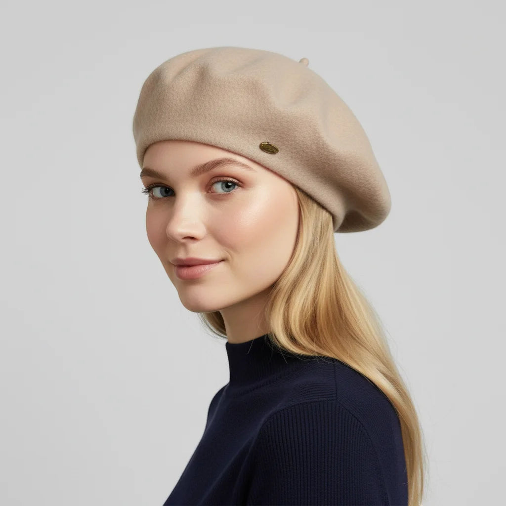 Wool Beret Womens beige wool beret with gold side emblem
