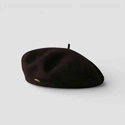Black wool beret with small gold logo for women