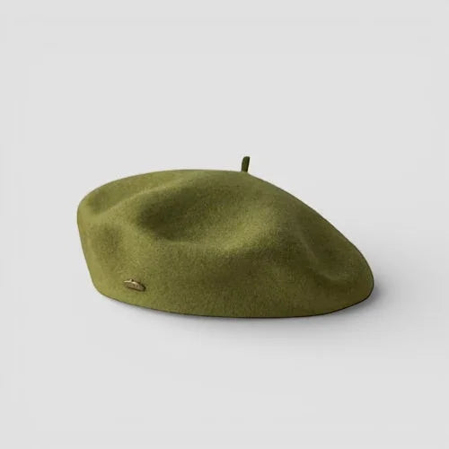 Olive green felt Wool Beret Womens with gold side logo