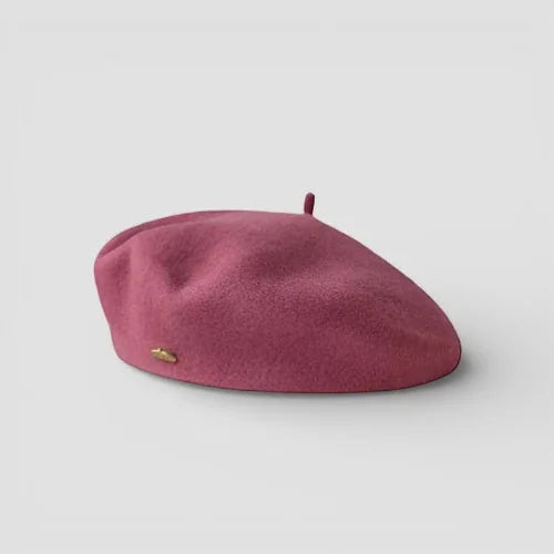 Soft dusty rose wool felt beret for women with gold logo on side