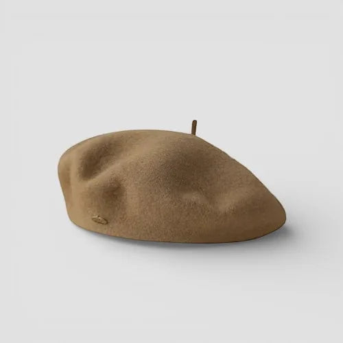 Tan wool beret for women with gold emblem and top button