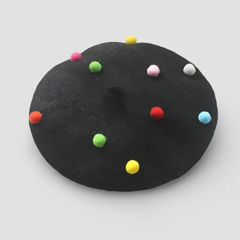 Wool Candy Beret: black felt hat with colorful pom-poms