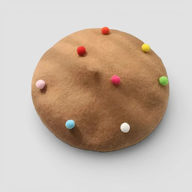 Brown felt Wool Candy Beret with colorful pom-pom sprinkles