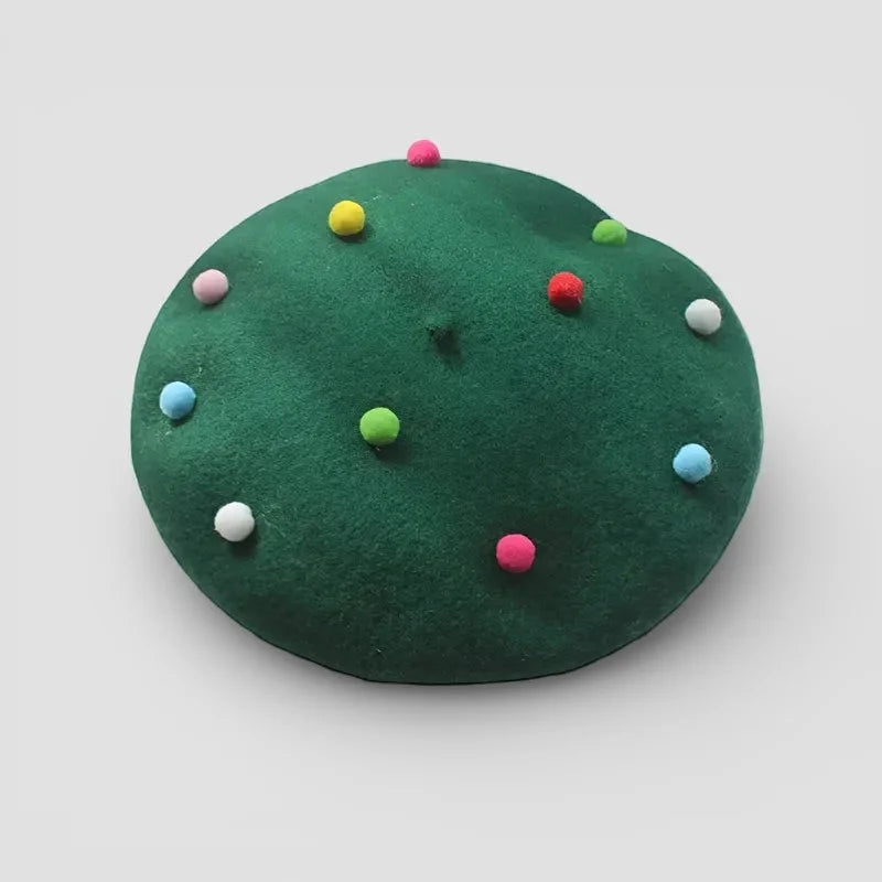 Wool Candy Beret with colorful fluffy pom-poms on dark green felt