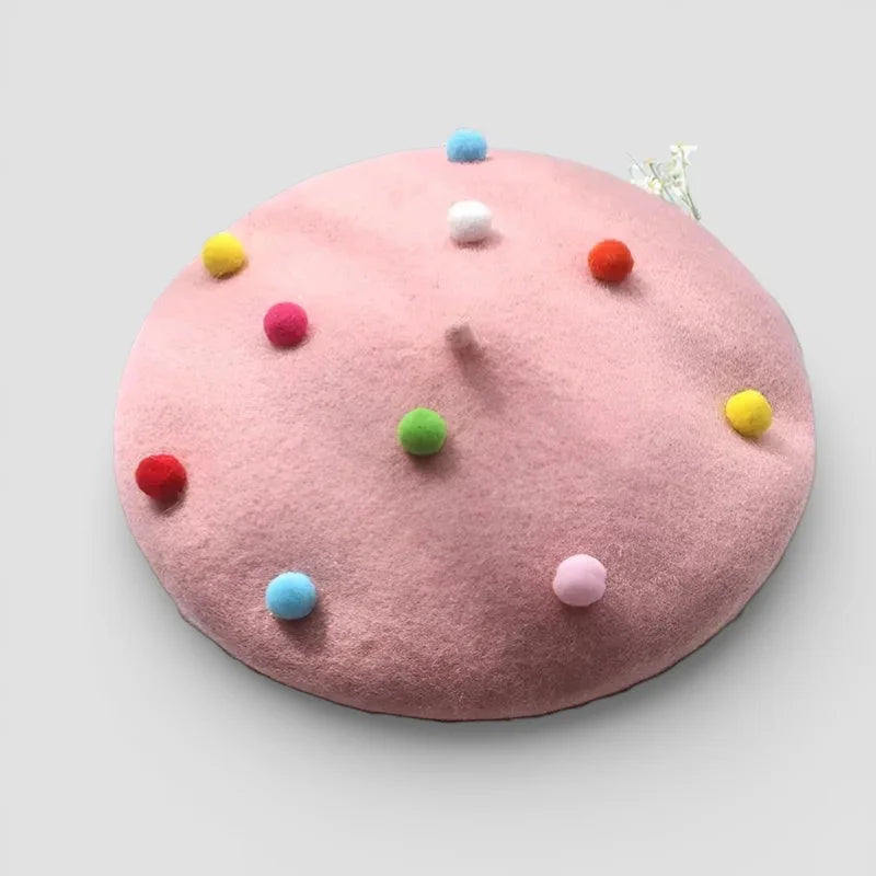 Pink Wool Candy Beret with colorful fluffy pom-poms