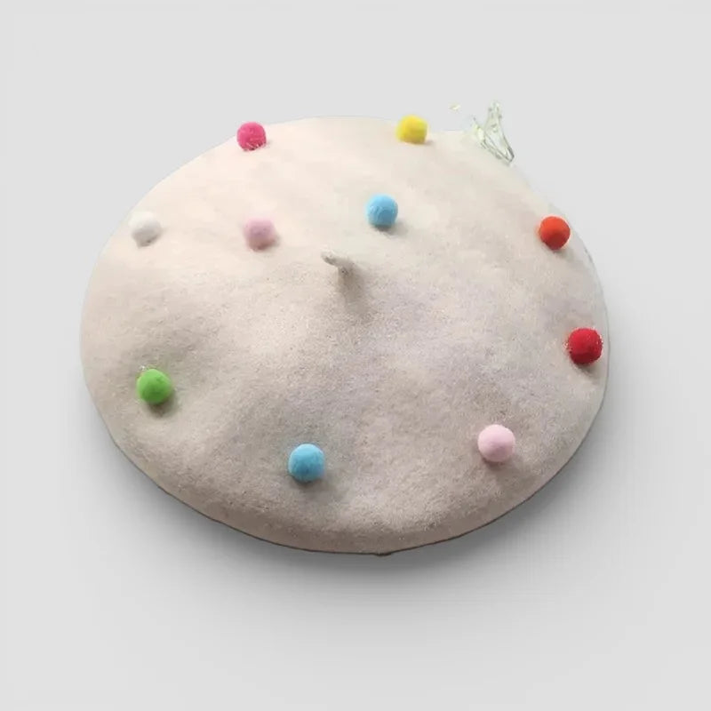 Wool Candy Beret with colorful fluffy pom-poms