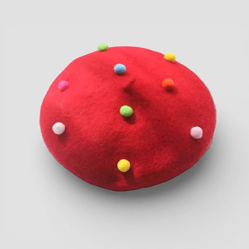 Vibrant Wool Candy Beret with colorful fluffy pom-poms
