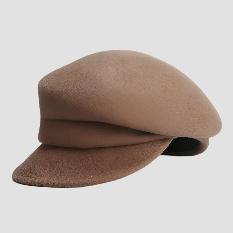 Beige wool newsboy cap.