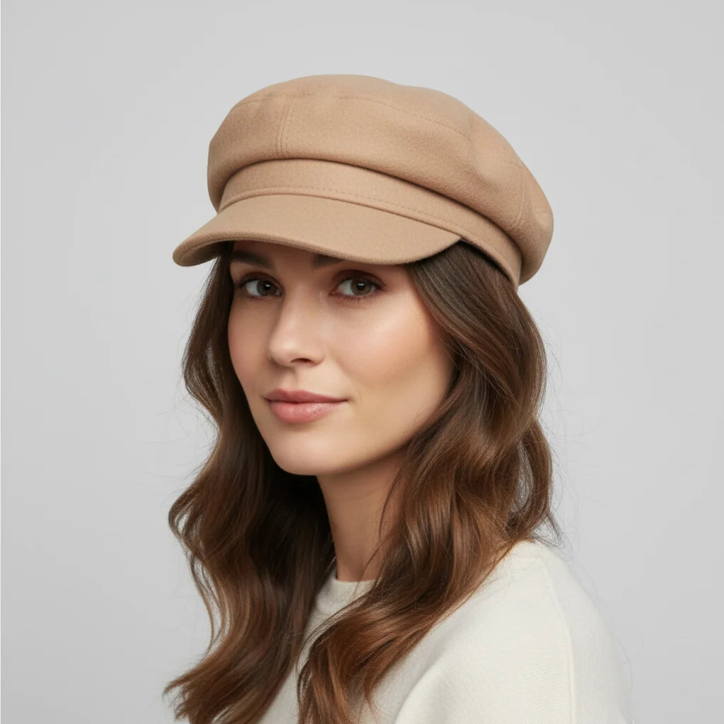 Beige woolen newsboy cap with structured crown and flat brim
