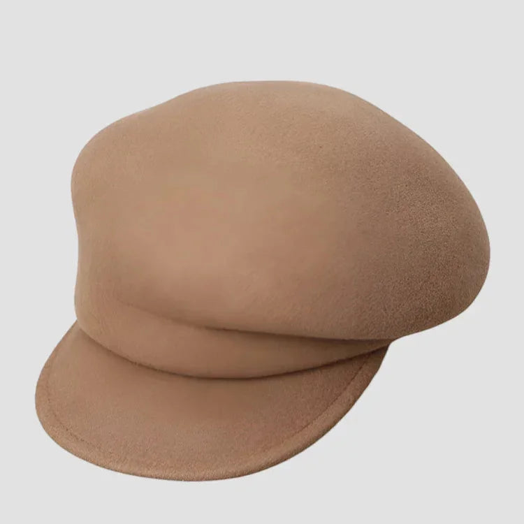 Wool Newsboy Cap in soft beige with rounded crown and curved brim