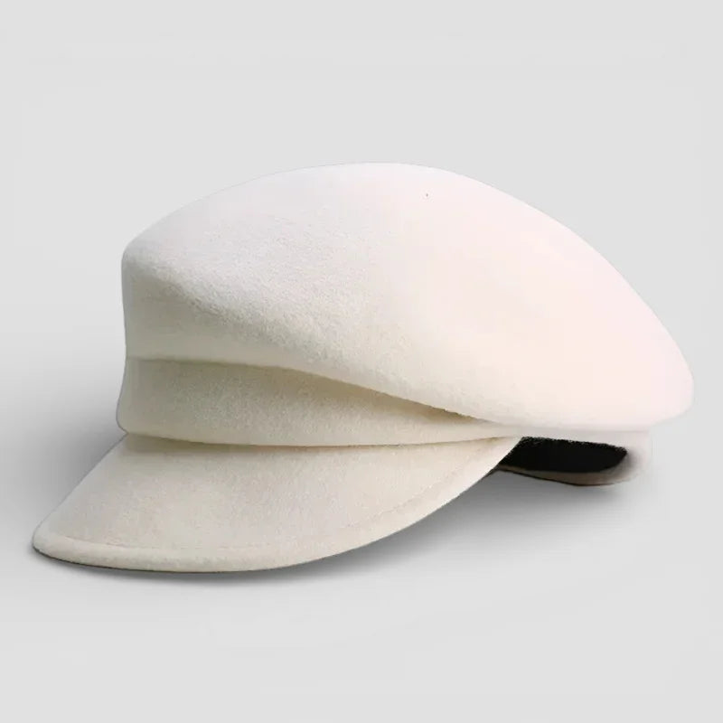 Womens wool newsboy hat in cream-colored felt with flat brim