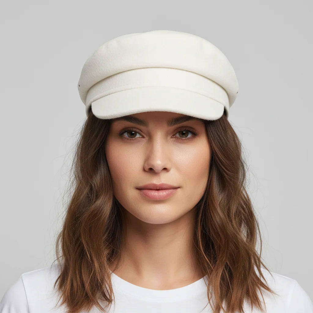 Cream wool newsboy hat for women with rounded crown and soft brim