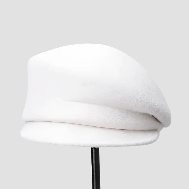 White beret-style hat.