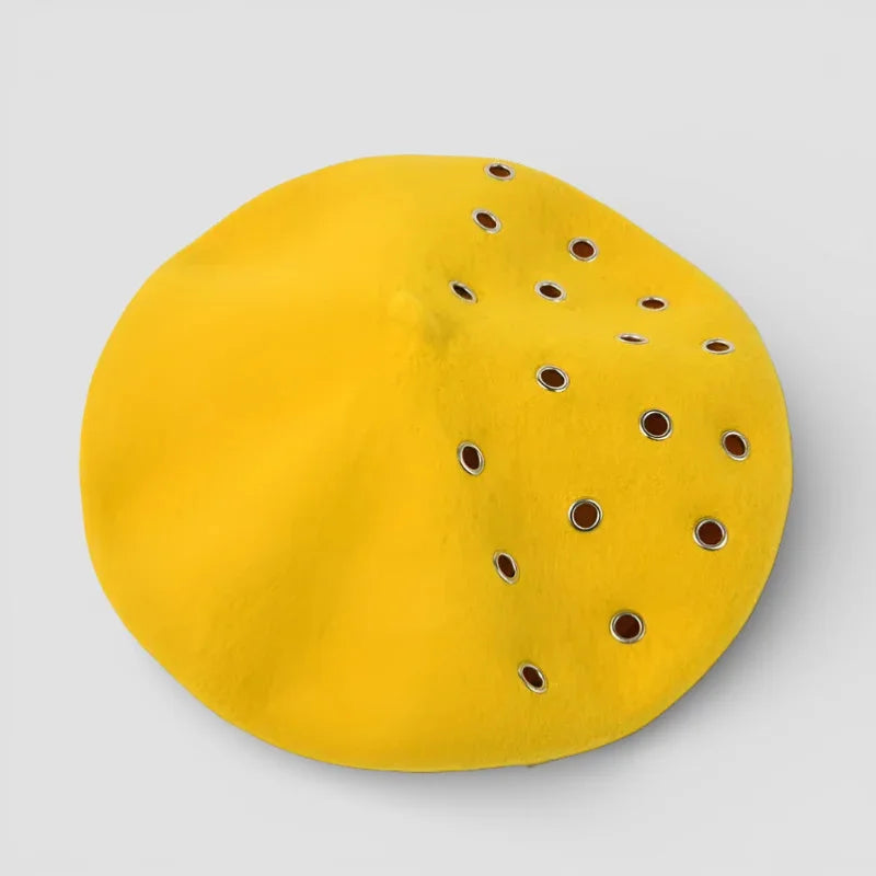 Yellow Boina Hat: bright yellow suede beret with metallic grommets