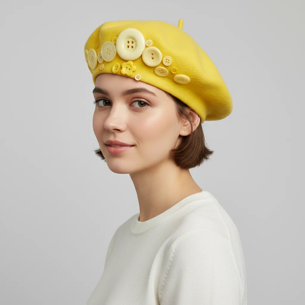 Vibrant yellow button beret with cream and mustard buttons