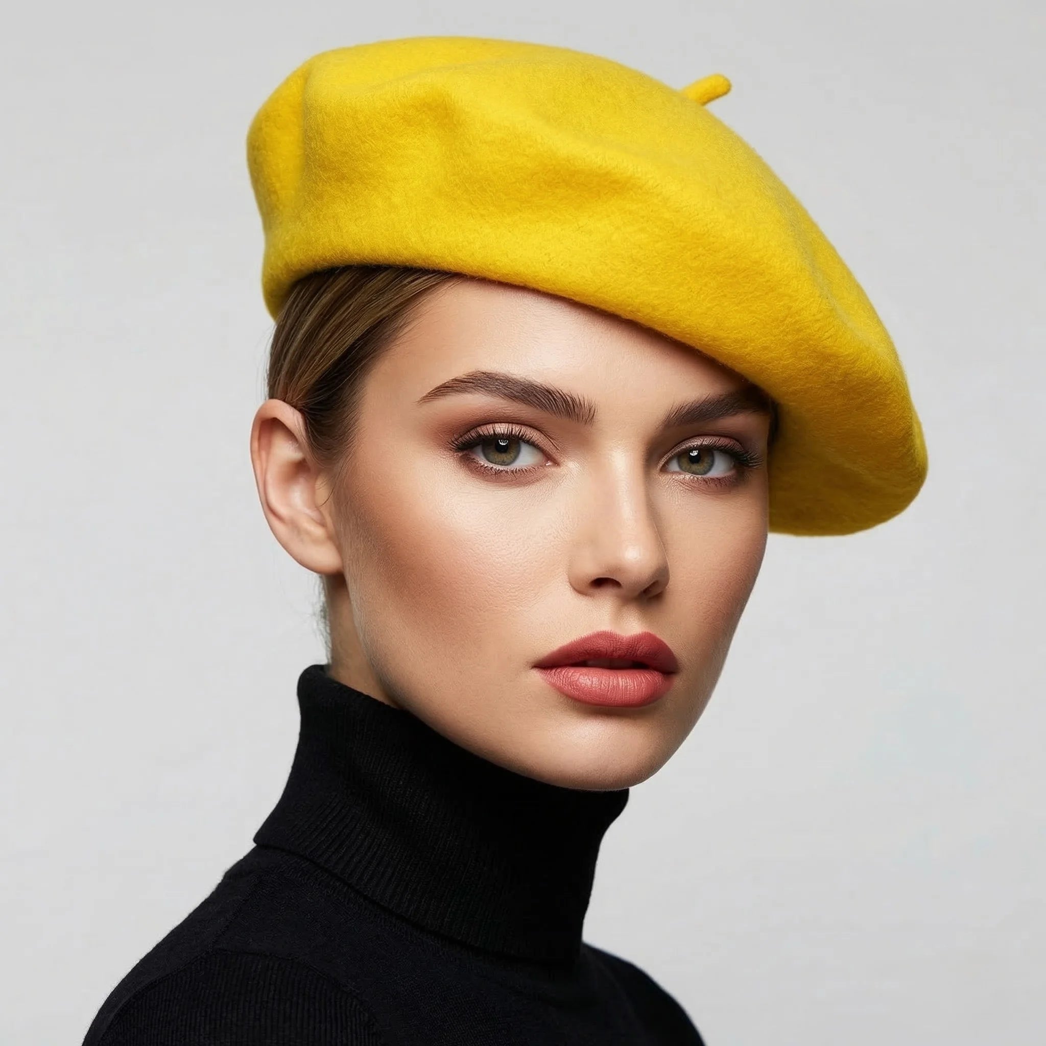 Yellow French Beret with soft felt texture and top button