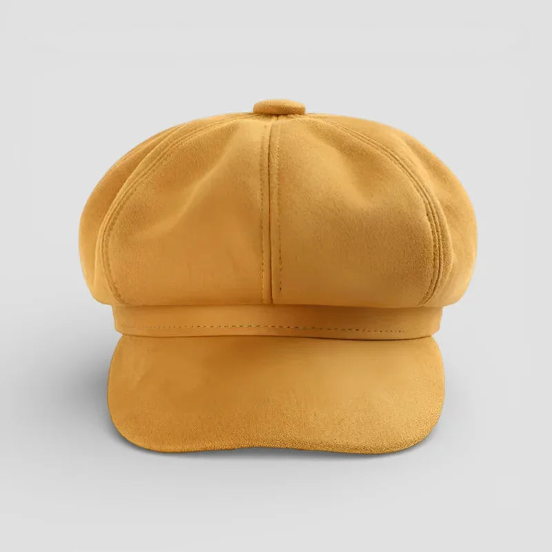 Yellow Newsboy Cap: mustard-yellow suede 8-panel with structured brim