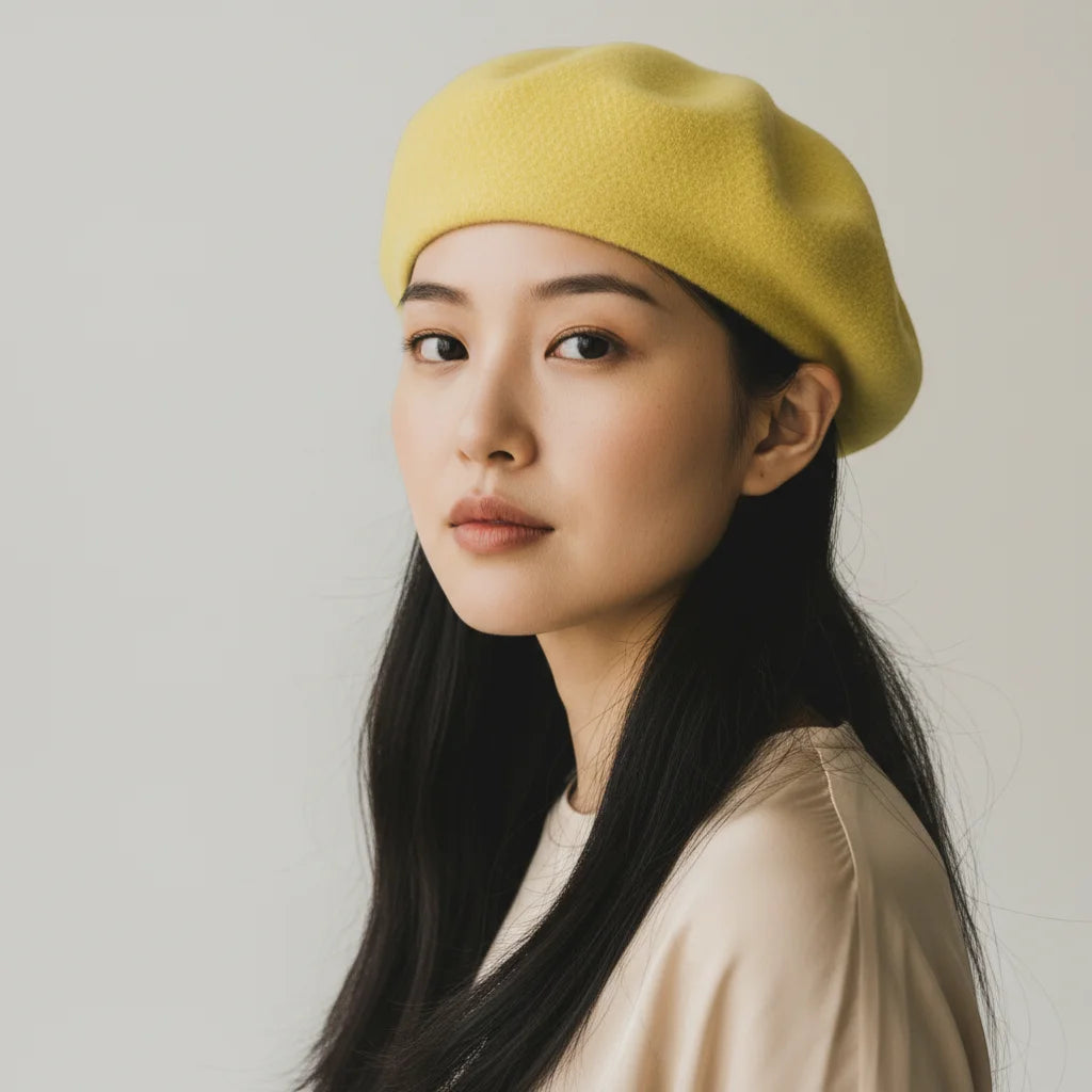 Yellow wool beret in soft yellow with smooth textured fabric